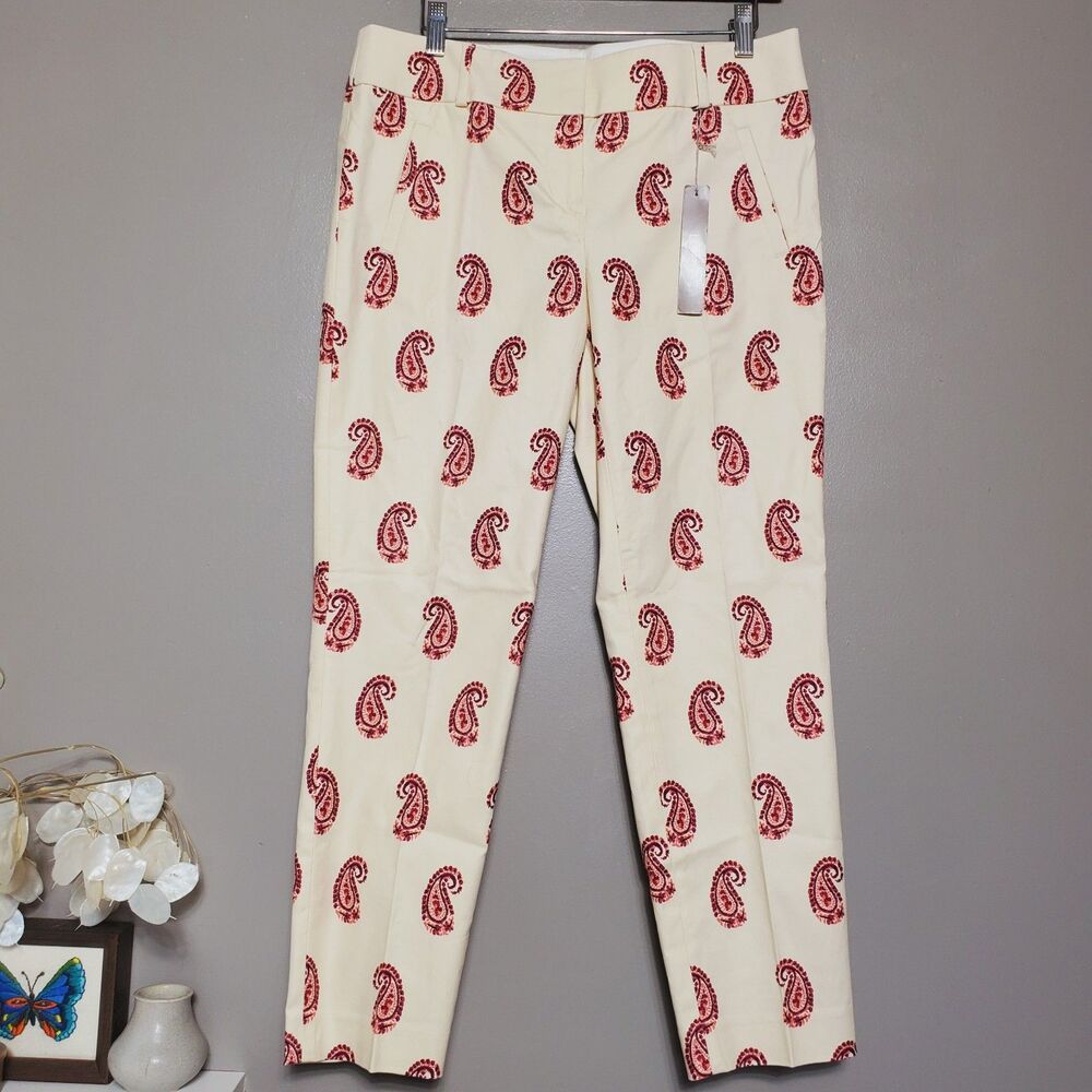 LOFT Ann Taylor Marisa Ankle Pants Size 4 Cream Red Paisley Print Stretch New